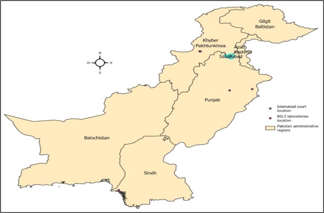 Map_1: BSL3 Laboratories and Islamabad court’s location in Pakistan