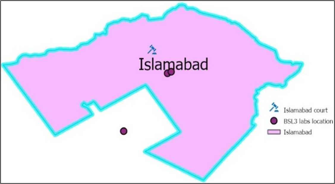 Map_ 2:Islamabad court and BSL3 laboratories in Islamabad, Pakistan.
